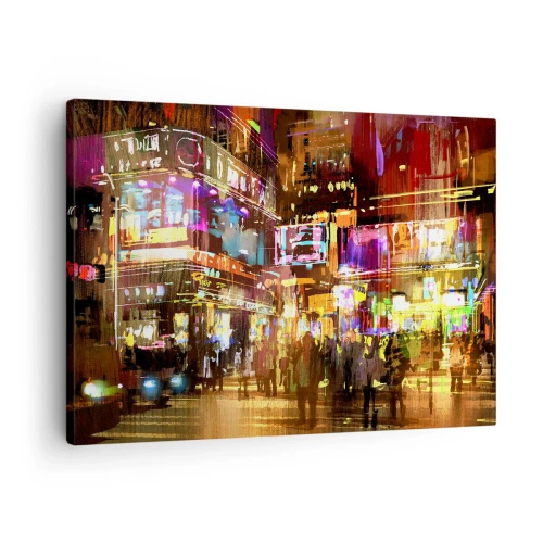Cuadro sobre lienzo - Impresión de Imagen - Una ciudad vibrante por la noche bajo la luz de neón. - 70x50cm - En un mar de luz - Decoración de pared moderna para salón y dormitorio ARTTOR