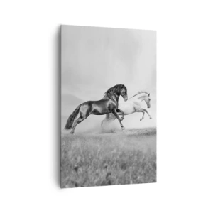 Cuadro sobre lienzo - Impresión de Imagen - Dos caballos al galope en una composición dinámica en blanco y negro - 80x120cm - Ángeles y demonios - Decoración de pared moderna para salón y dormitorio ARTTOR