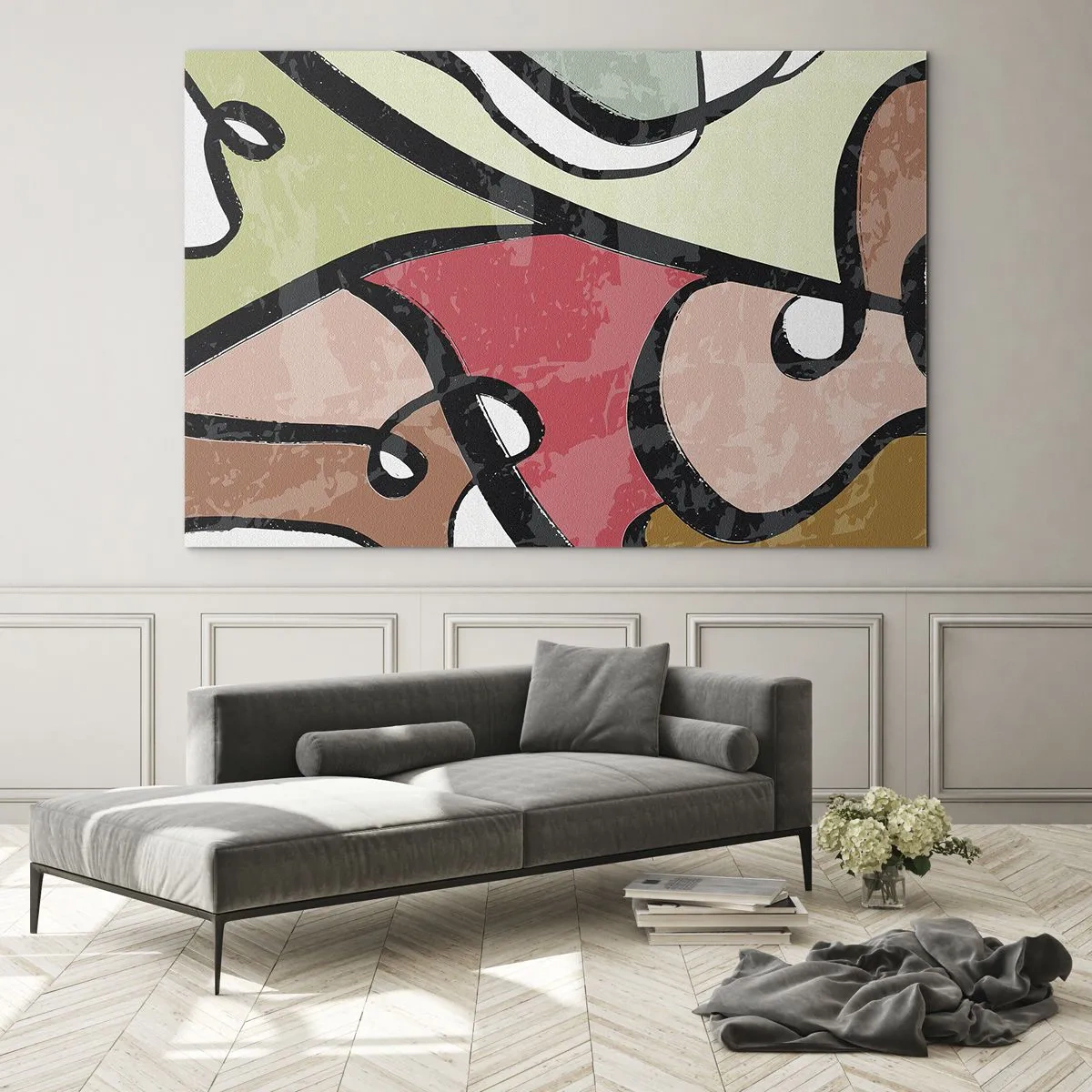 Cuadro sobre vidrio - Impresiones sobre Vidrio - Abstracción colorida con líneas negras. - 100x70cm - Piruetas entre colores - Decoración de pared moderna para salón y dormitorio ARTTOR