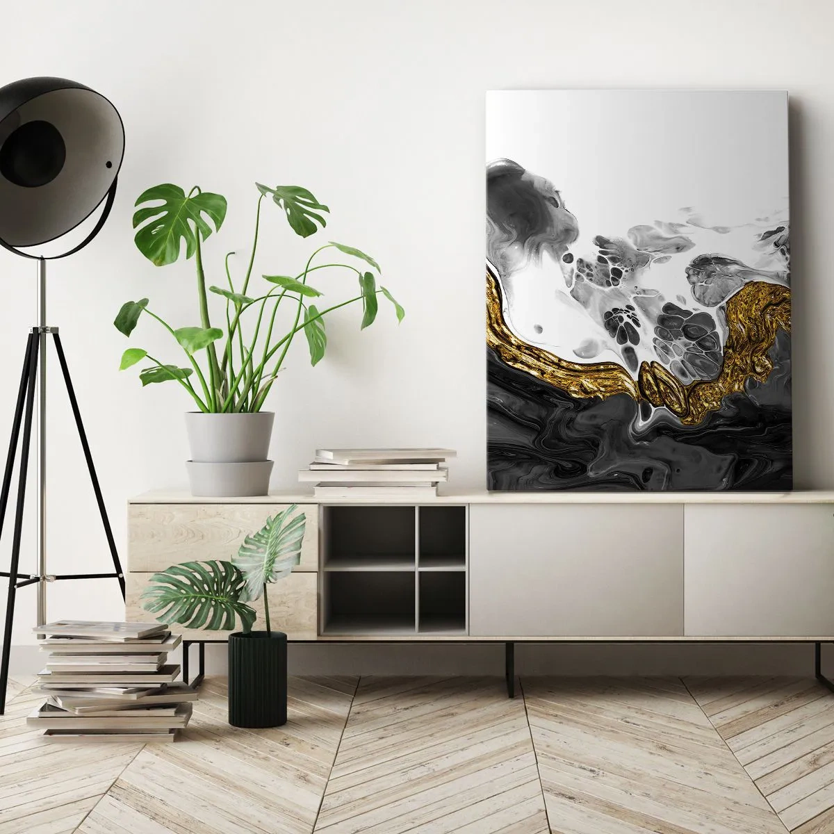 Cuadro sobre lienzo - Impresión de Imagen - Una composición abstracta con acentos dorados y negros. - 50x70cm - Composición orgánica - Decoración de pared moderna para salón y dormitorio ARTTOR