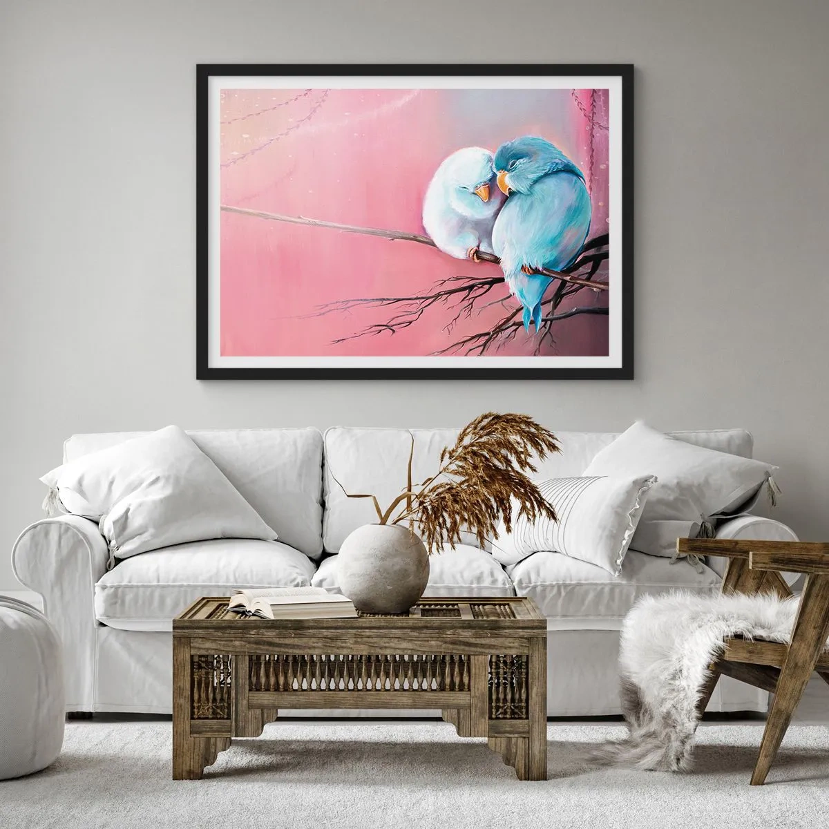 Póster en marco negro - Dos pájaros enamorados en una rama sobre un fondo rosa. - 70x50cm - Qué añadir aquí... - Decoración de pared moderna para salón y dormitorio ARTTOR