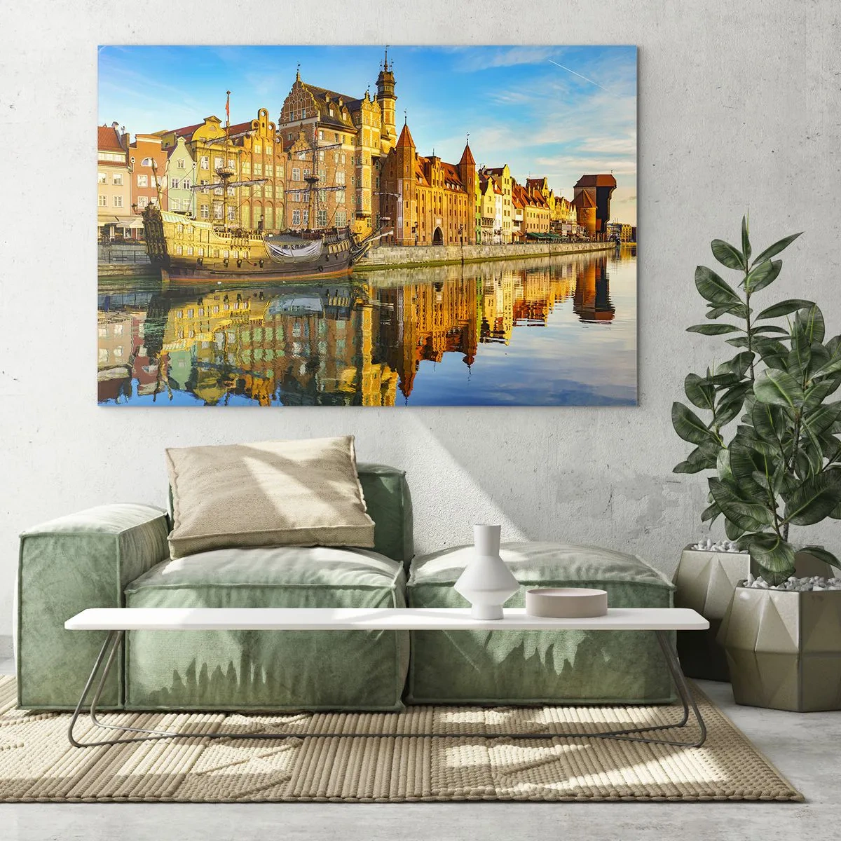 Cuadro sobre vidrio - Impresiones sobre Vidrio - El casco antiguo de Gdansk con su reflejo en el agua - 70x50cm - Un espejo del pasado - Decoración de pared moderna para salón y dormitorio ARTTOR