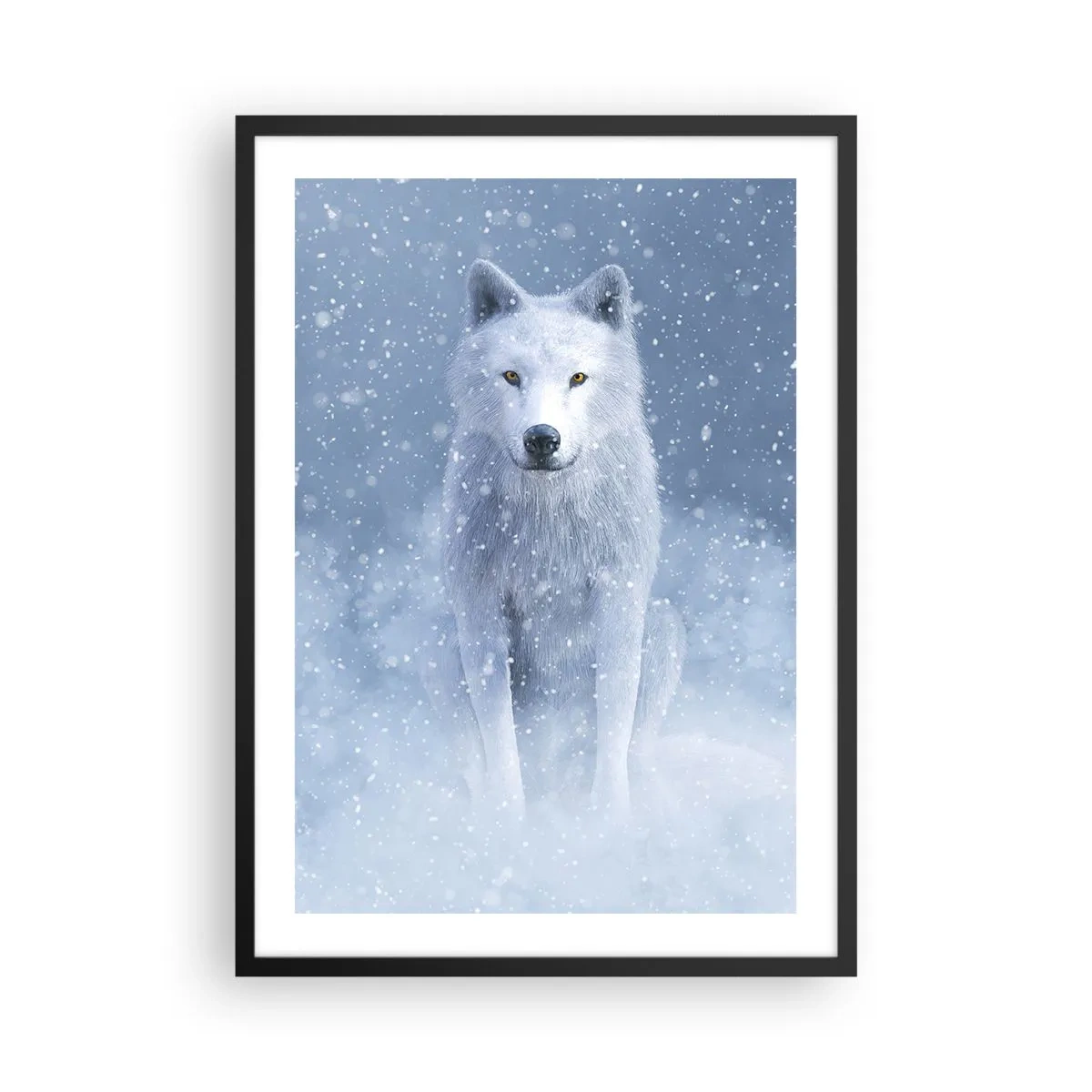 Póster en marco negro - Un lobo blanco en un paisaje invernal, rodeado de nieve. - 50x70cm - El espíritu del invierno - Decoración de pared moderna para salón y dormitorio ARTTOR