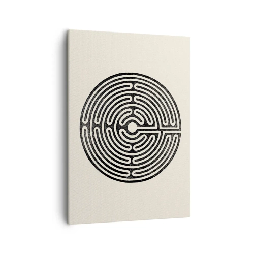 Cuadro sobre lienzo - Impresión de Imagen - Laberinto circular en blanco y negro sobre un fondo claro - 50x70cm - Orden misterioso - Decoración de pared moderna para salón y dormitorio ARTTOR