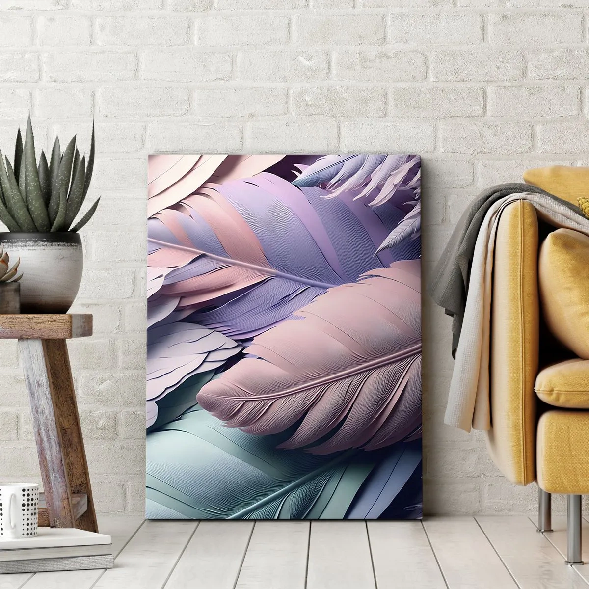 Cuadro sobre lienzo - Impresión de Imagen - Plumas de colores en tonos pastel sobre un fondo claro. - 50x70cm - Pájaro chic - Decoración de pared moderna para salón y dormitorio ARTTOR