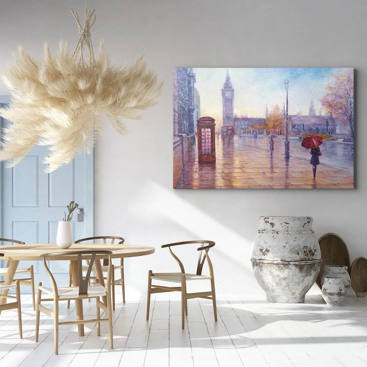 Cuadro sobre lienzo - Impresión de Imagen - Calle de Londres con el Big Ben en un día lluvioso - 100x70cm - Un día de otoño en Londres - Decoración de pared moderna para salón y dormitorio ARTTOR