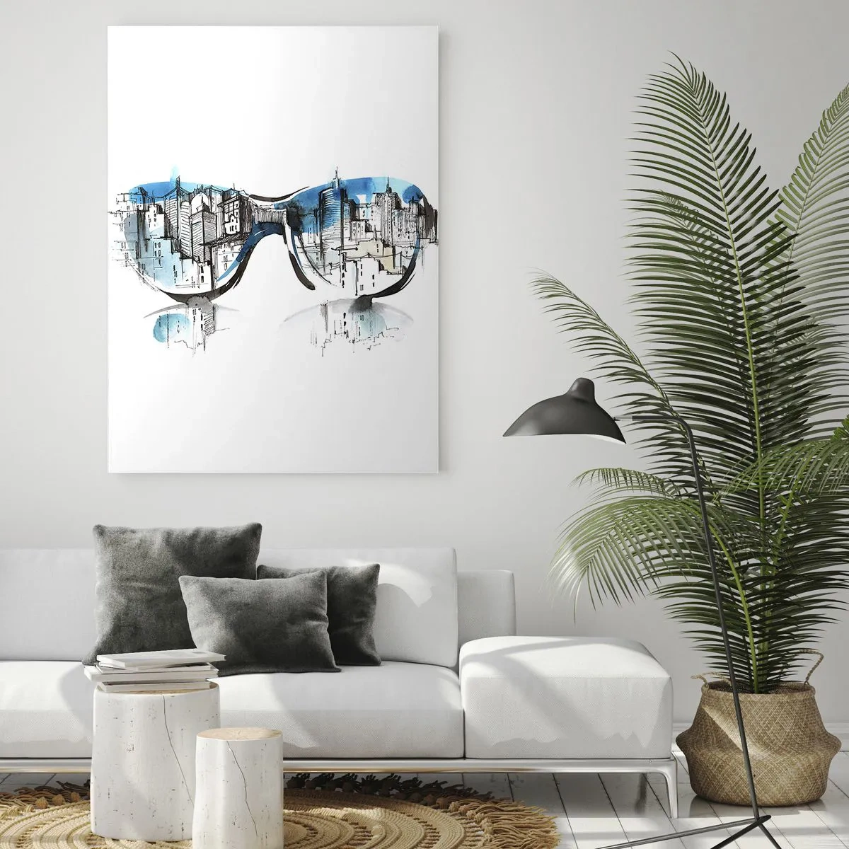 Cuadro sobre vidrio - Impresiones sobre Vidrio - El panorama de la ciudad reflejado en las gafas de sol - 50x70cm - La elegancia de la gran ciudad - Decoración de pared moderna para salón y dormitorio ARTTOR