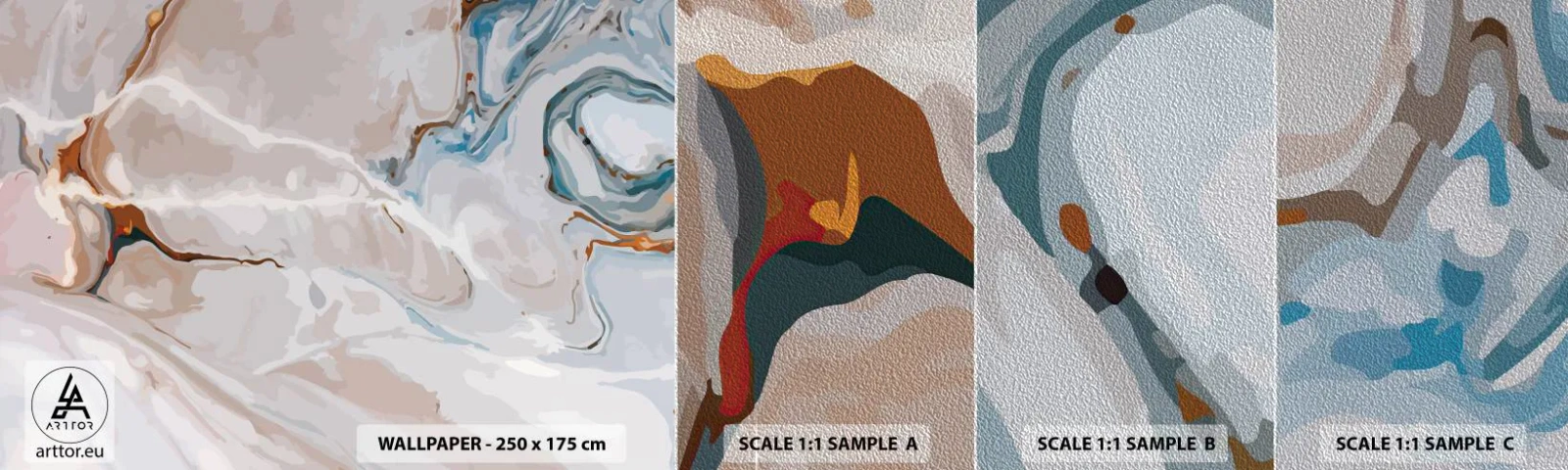 Muestra de fotomural Premium Sand - El azul serpentea por el blanco - Abstracción, Pedazo, Patrón moderno - 100x30 cm