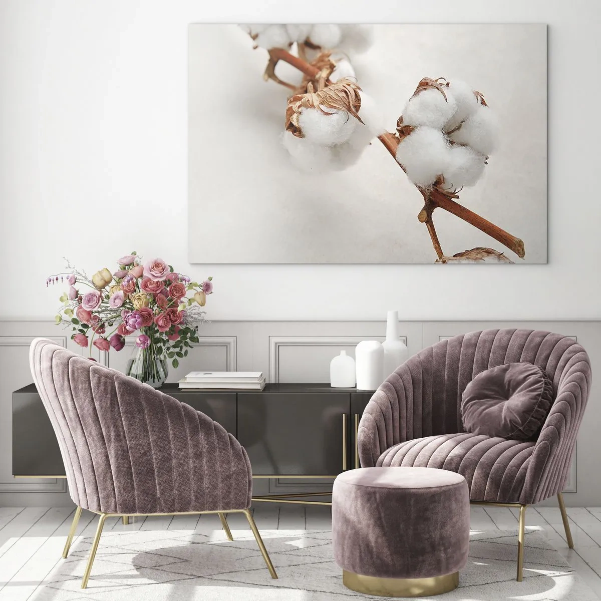 Cuadro sobre vidrio - Impresiones sobre Vidrio - Primer plano de una rama de algodón sobre un fondo claro - 100x70cm - Un suave tacto - Decoración de pared moderna para salón y dormitorio ARTTOR