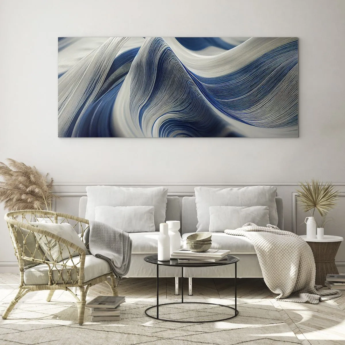 Cuadro sobre vidrio - Impresiones sobre Vidrio - Fluidez de azul y blanco - 100x40 cm