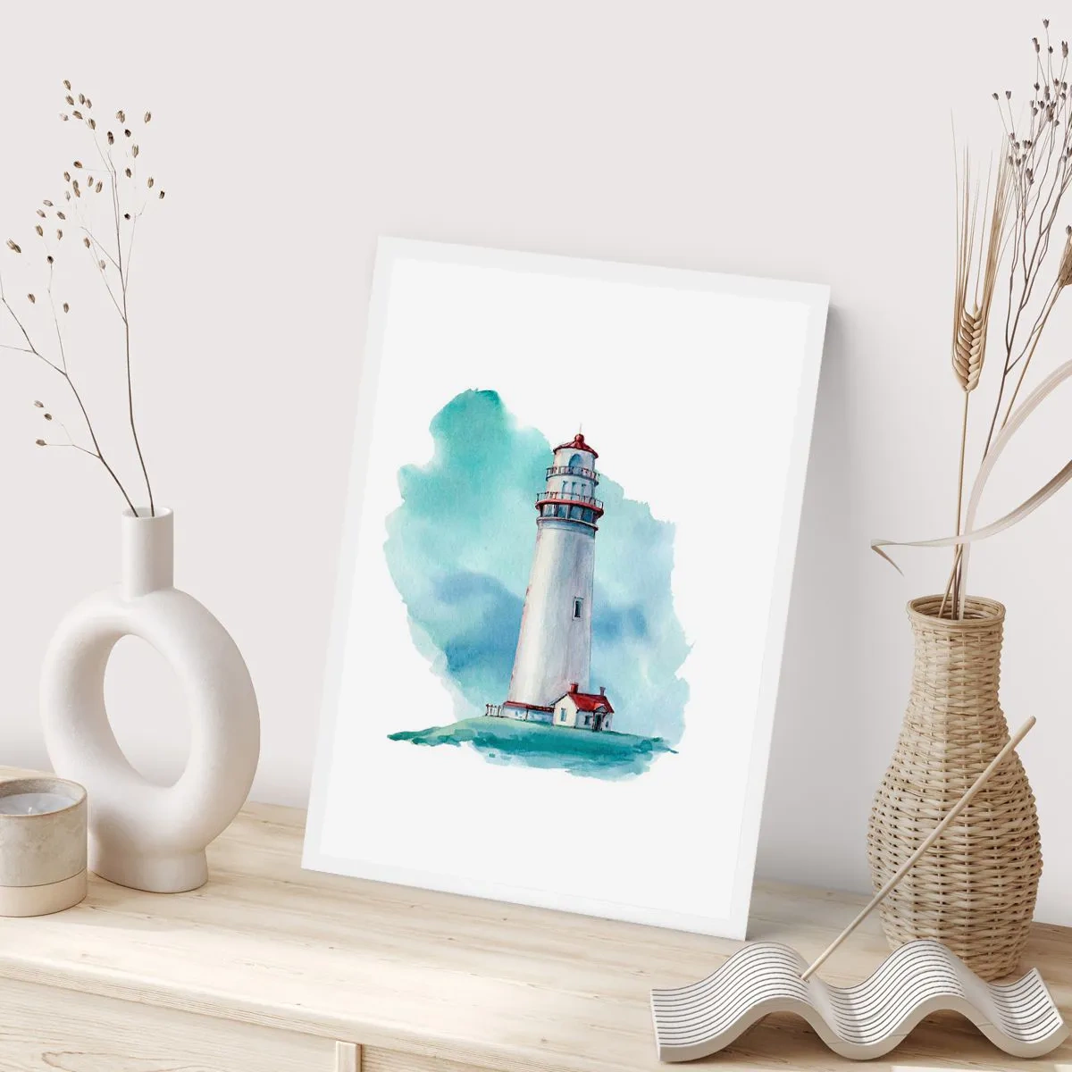 Póster - Una ilustración pictórica de un faro rodeado de un cielo azul. - 50x70cm - Gentil hermana del azul - Decoración de pared moderna para salón y dormitorio ARTTOR
