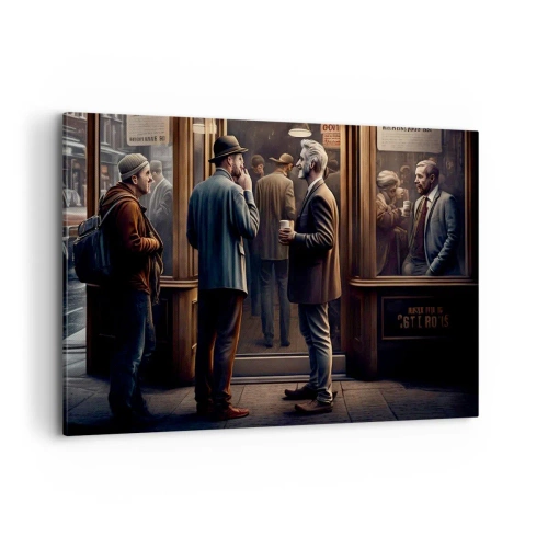 Cuadro sobre lienzo - Impresión de Imagen - Escena callejera con gente frente a un café retro. - 120x80cm - Un buen momento del día - Decoración de pared moderna para salón y dormitorio ARTTOR
