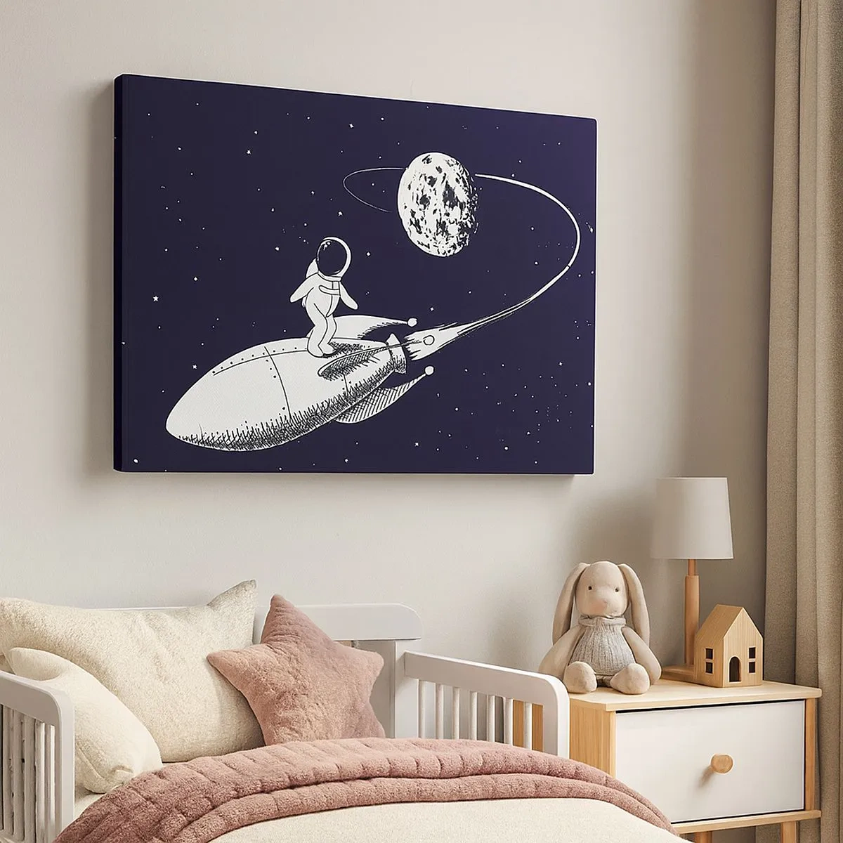 Cuadro sobre lienzo - Impresión de Imagen - Astronauta en un cohete en el espacio - 70x50cm - Surfista espacial - Decoración de pared moderna para salón y dormitorio ARTTOR