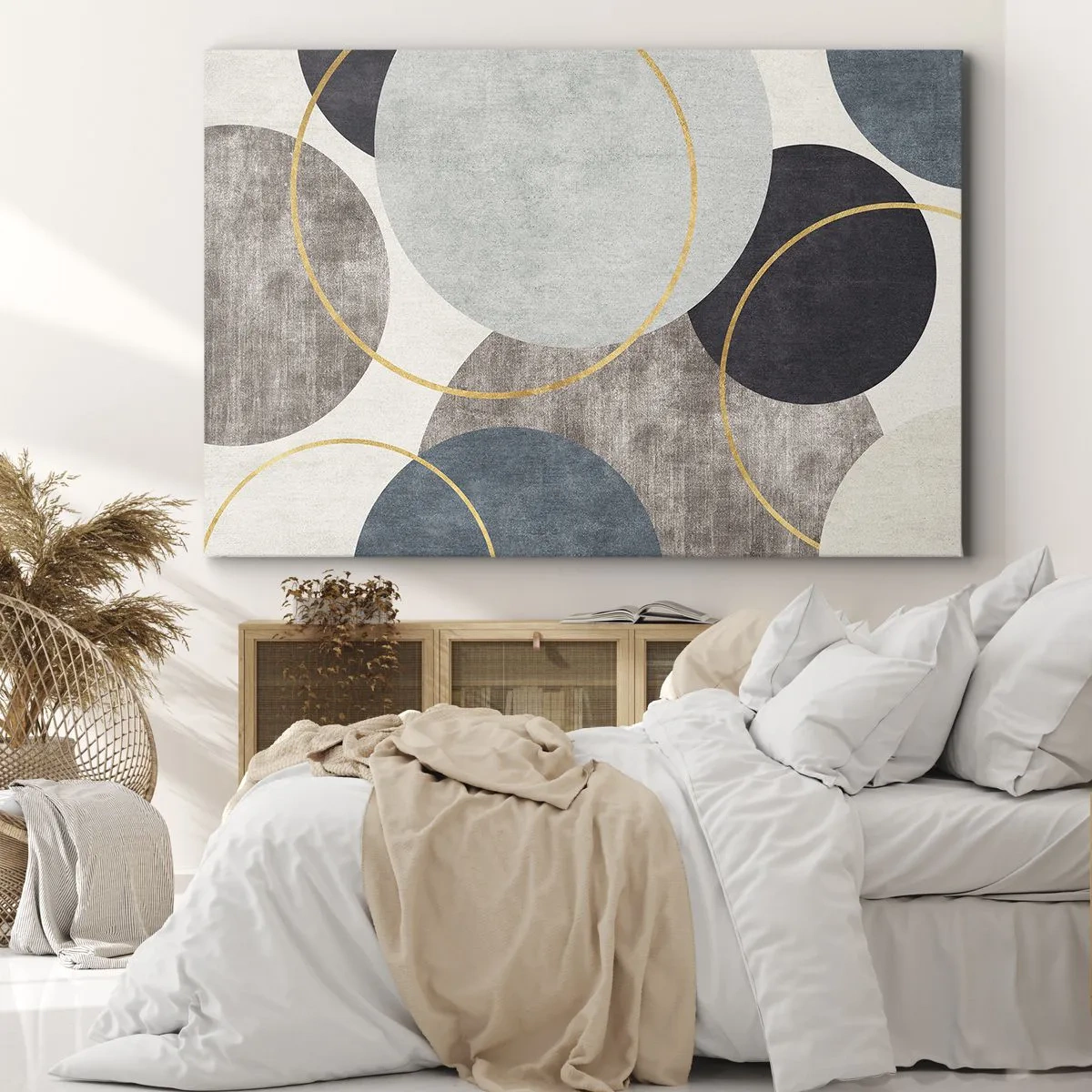 Cuadro sobre lienzo - Impresión de Imagen - Círculos geométricos en tonos grises, azules y dorados. - 70x50cm - Círculo tras círculo - Decoración de pared moderna para salón y dormitorio ARTTOR