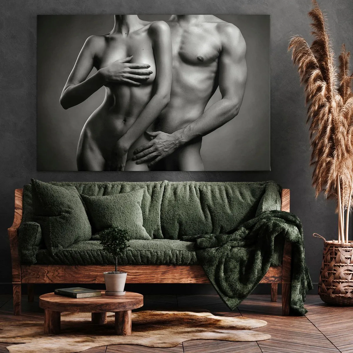 Cuadro sobre lienzo - Impresión de Imagen - Representación en blanco y negro de cuerpos femeninos y masculinos en una pose artística. - 100x70cm - Adán y Eva - Decoración de pared moderna para salón y dormitorio ARTTOR
