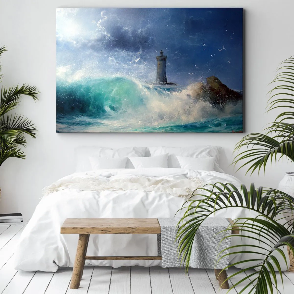 Cuadro sobre lienzo - Impresión de Imagen - Un faro rodeado de fuertes olas y nubes. - 70x50cm - En guardia contra los elementos - Decoración de pared moderna para salón y dormitorio ARTTOR