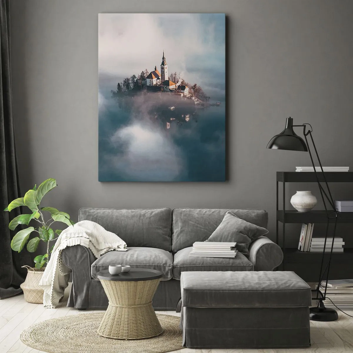 Cuadro sobre lienzo - Impresión de Imagen - Una isla pintoresca con una iglesia rodeada de niebla. - 50x70cm - Isla de los sueños - Decoración de pared moderna para salón y dormitorio ARTTOR