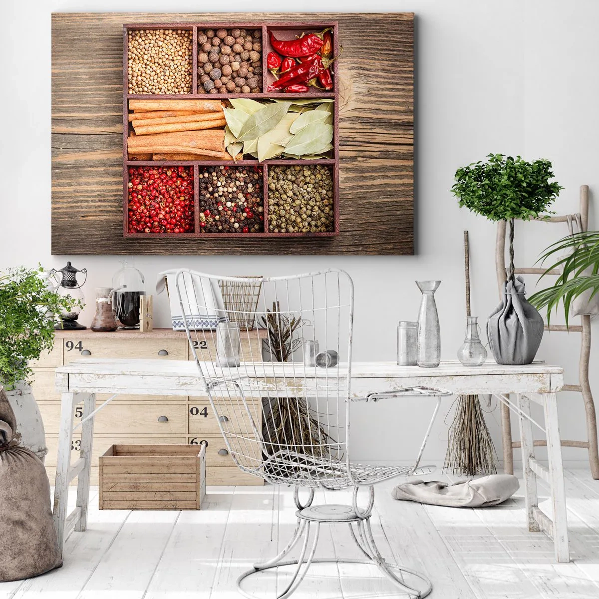 Cuadro sobre lienzo - Impresión de Imagen - Caja de madera con varias especias en compartimentos. - 120x80cm - Orden de formas, composición de aromas - Decoración de pared moderna para salón y dormitorio ARTTOR
