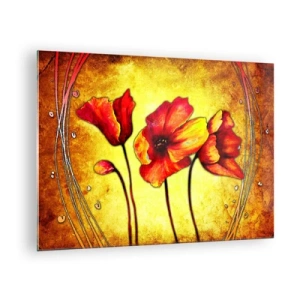 Cuadro sobre vidrio - Impresiones sobre Vidrio - Amapolas rojas sobre un fondo de tonos dorados con detalles artísticos. - 70x50cm - En decoración Art Nouveau - Decoración de pared moderna para salón y dormitorio ARTTOR