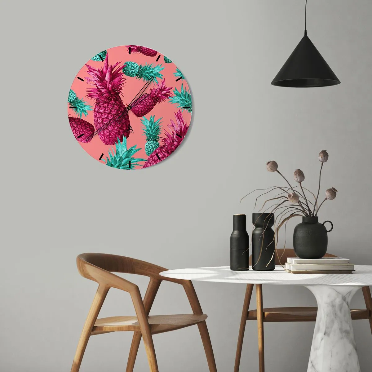 Reloj de pared - Reloj de vidrio - Piñas rosas y verdes sobre un fondo rosa pastel - 30x30cm - La libertad es dulce - Decoración de pared moderna para salón, cocina y dormitorio ARTTOR