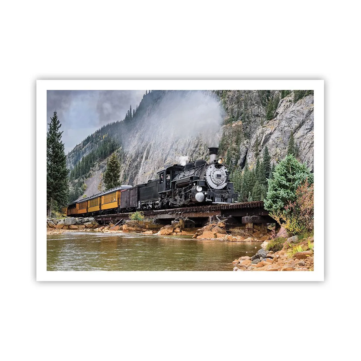 Póster - Una locomotora de vapor en un puente en un pintoresco paisaje montañoso. - 100x70cm - ¿Adónde me llevas? - Decoración de pared moderna para salón y dormitorio ARTTOR