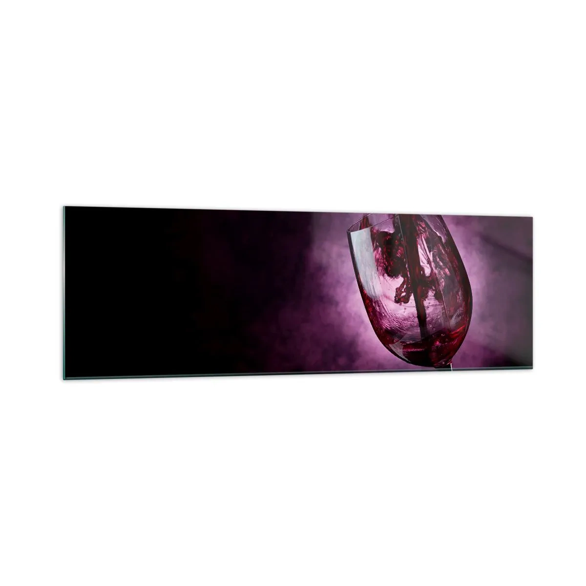 Cuadro sobre vidrio - Impresiones sobre Vidrio - Vino tinto vertido en una copa sobre un fondo de humo púrpura. - 160x50cm - ¿Escarlata? ¿Carmín? No, rubí. - Decoración de pared moderna para salón y dormitorio ARTTOR