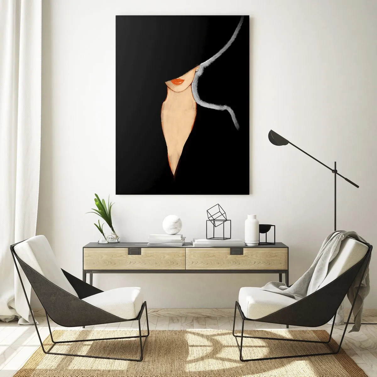 Cuadro sobre vidrio - Impresiones sobre Vidrio - Silueta de una mujer con sombrero sobre un fondo negro - 80x120cm - Elegancia y estilo - Decoración de pared moderna para salón y dormitorio ARTTOR