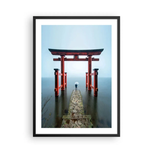 Póster en marco negro - Torii rojo con el agua tranquila y el cielo como telón de fondo - 50x70cm - Ensueño japonés - Decoración de pared moderna para salón y dormitorio ARTTOR