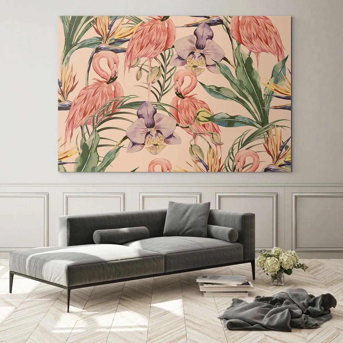 Cuadro sobre vidrio - Impresiones sobre Vidrio - Flamencos rodeados de flores y plantas tropicales. - 120x80cm - Un ballet rosa en flores - Decoración de pared moderna para salón y dormitorio ARTTOR