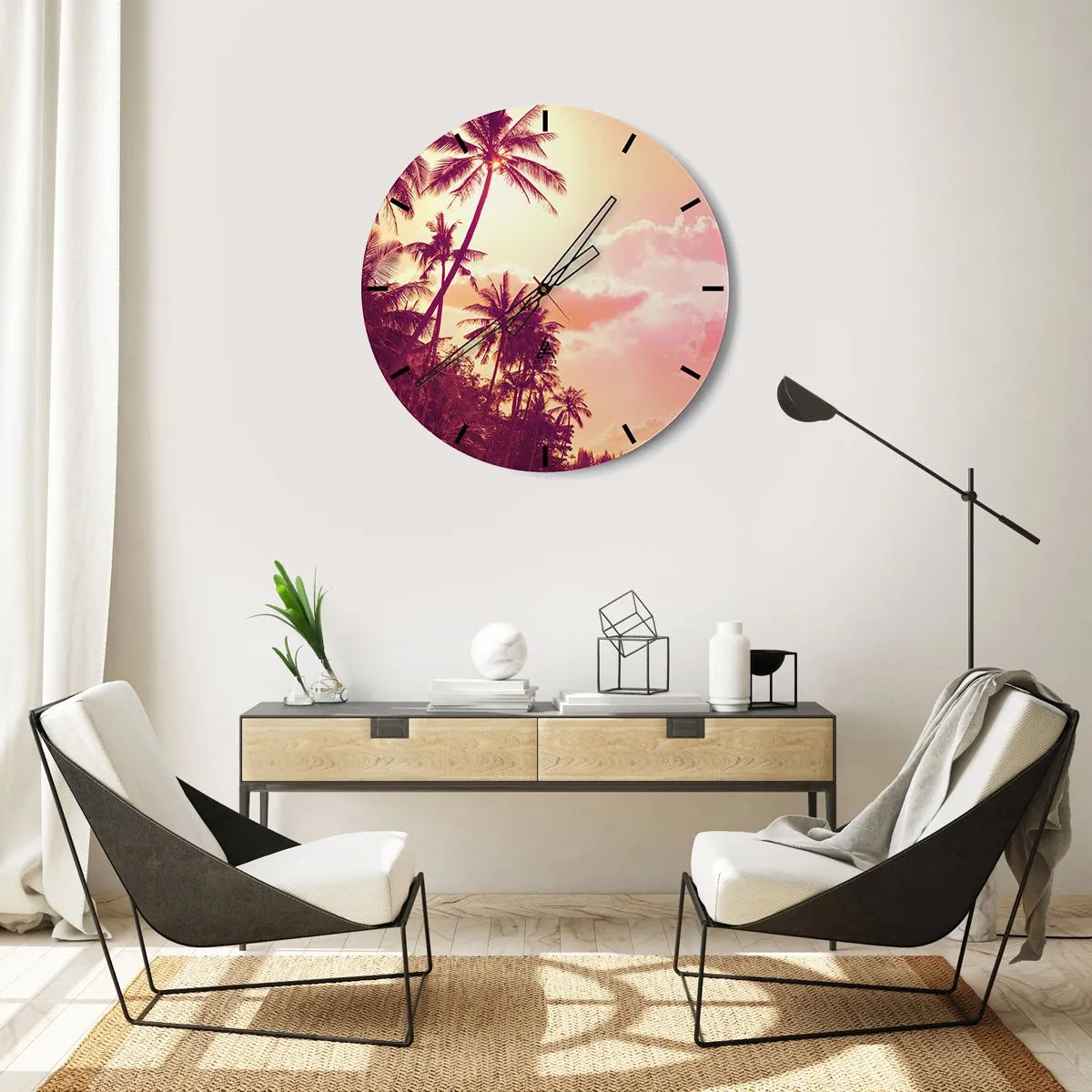 Reloj de pared - Reloj de vidrio - Palmeras contra el cielo al atardecer - 30x30cm - Debes elegir - Decoración de pared moderna para salón, cocina y dormitorio ARTTOR