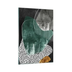 Cuadro sobre vidrio - Impresiones sobre Vidrio - Composición abstracta con formas verdes y patrones de puntos. - 80x120cm - Abstracción colorista con un copo de oro - Decoración de pared moderna para salón y dormitorio ARTTOR