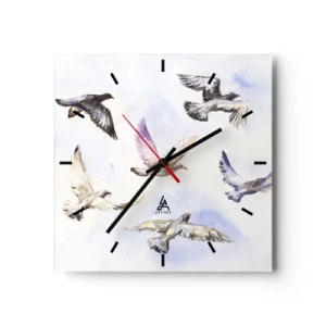 Reloj de pared - Reloj de vidrio - Pájaros de acuarela en vuelo contra un cielo delicado. - 30x30cm - Libertad en gris y azul - Decoración de pared moderna para salón y dormitorio ARTTOR