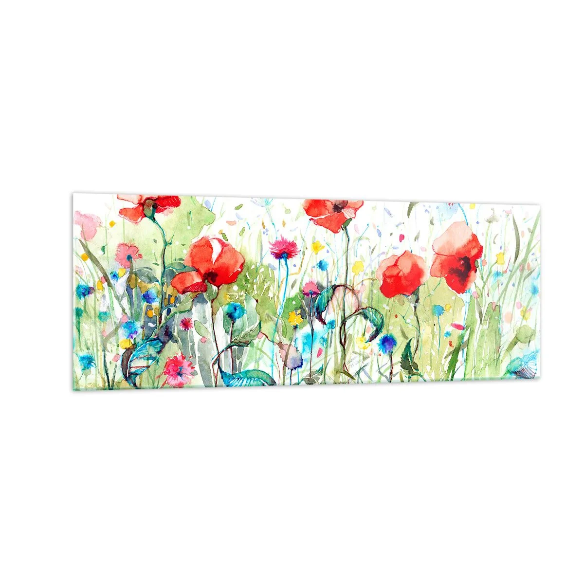 Cuadro sobre vidrio - Impresiones sobre Vidrio - Un prado con amapolas rojas y flores de colores en acuarela. - 140x50cm - Un prado en flor en mayo - Decoración de pared moderna para salón y dormitorio ARTTOR