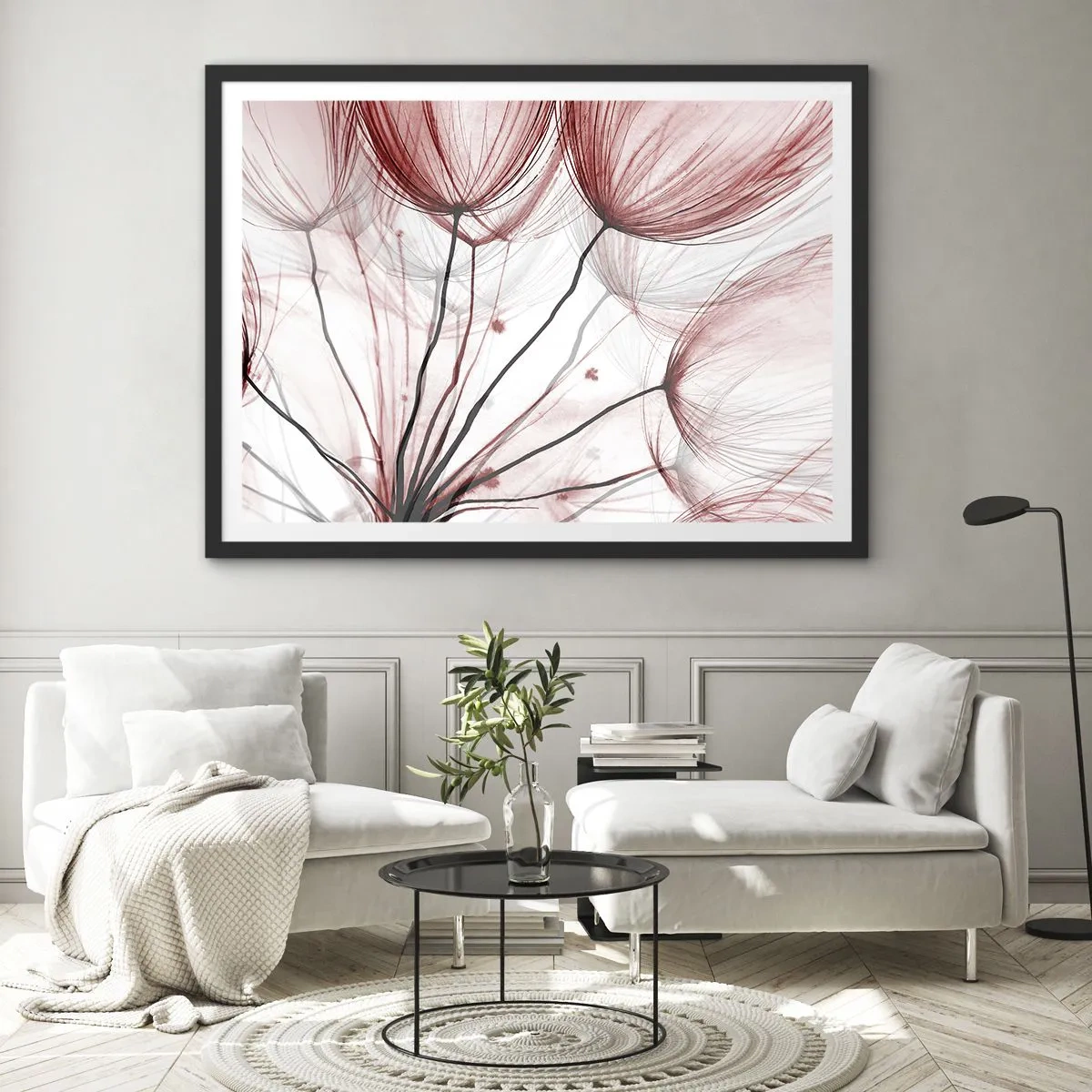 Póster en marco negro - Delicadas flores en tonos rojos sobre un fondo claro. - 70x50cm - Antes de partir - Decoración de pared moderna para salón y dormitorio ARTTOR