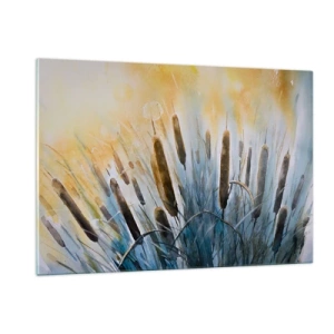 Cuadro sobre vidrio - Impresiones sobre Vidrio - espadañas pintadas contra un cielo soleado - 120x80cm - El frío del agua, el calor del sol - Decoración de pared moderna para salón y dormitorio ARTTOR