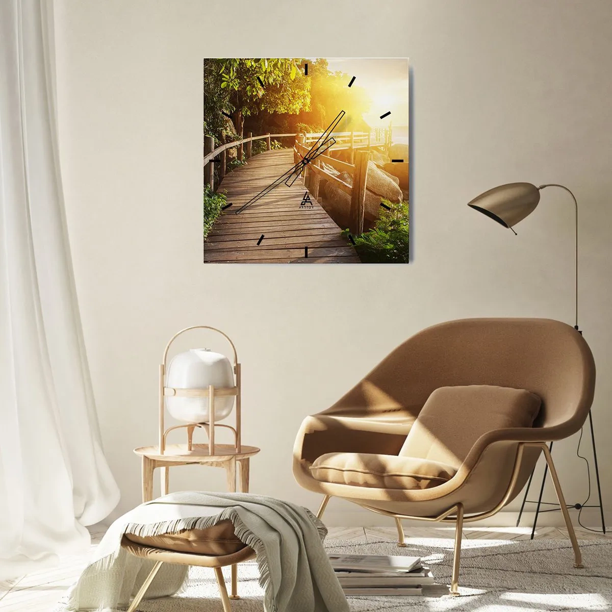 Reloj de pared - Reloj de vidrio - Un puente de madera entre la vegetación que conduce al mar bajo los rayos del sol. - 30x30cm - Otra curva, otra maravilla - Decoración de pared moderna para salón y dormitorio ARTTOR