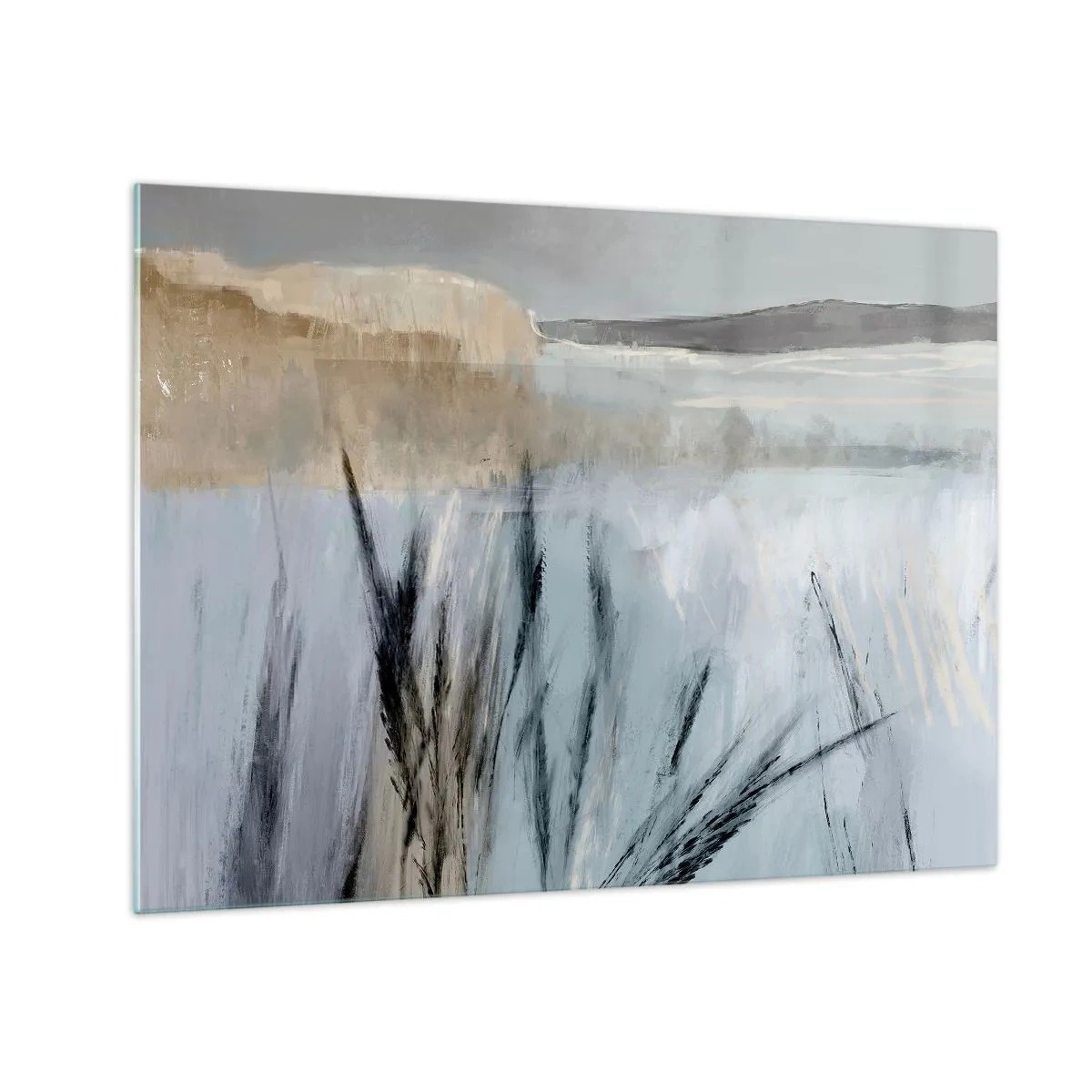 Cuadro sobre vidrio - Impresiones sobre Vidrio - Paisaje invernal con hierbas sobre el fondo de campos cubiertos de nieve. - 70x50cm - Campos de invierno - Decoración de pared moderna para salón y dormitorio ARTTOR