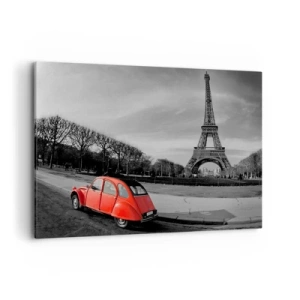 Cuadro sobre lienzo - Impresión de Imagen - Un coche rojo con la Torre Eiffel al fondo en un paisaje en blanco y negro. - 120x80cm - Más parisino que el propio París - Decoración de pared moderna para salón y dormitorio ARTTOR