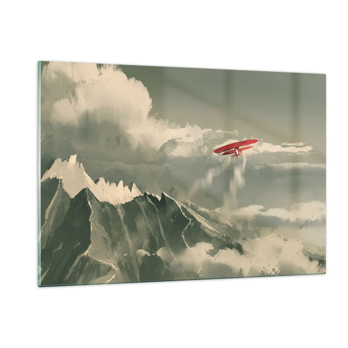 Cuadro sobre vidrio - Impresiones sobre Vidrio - Un avión rojo volando sobre montañas nevadas. - 120x80cm - Pionero sin miedo - Decoración de pared moderna para salón y dormitorio ARTTOR