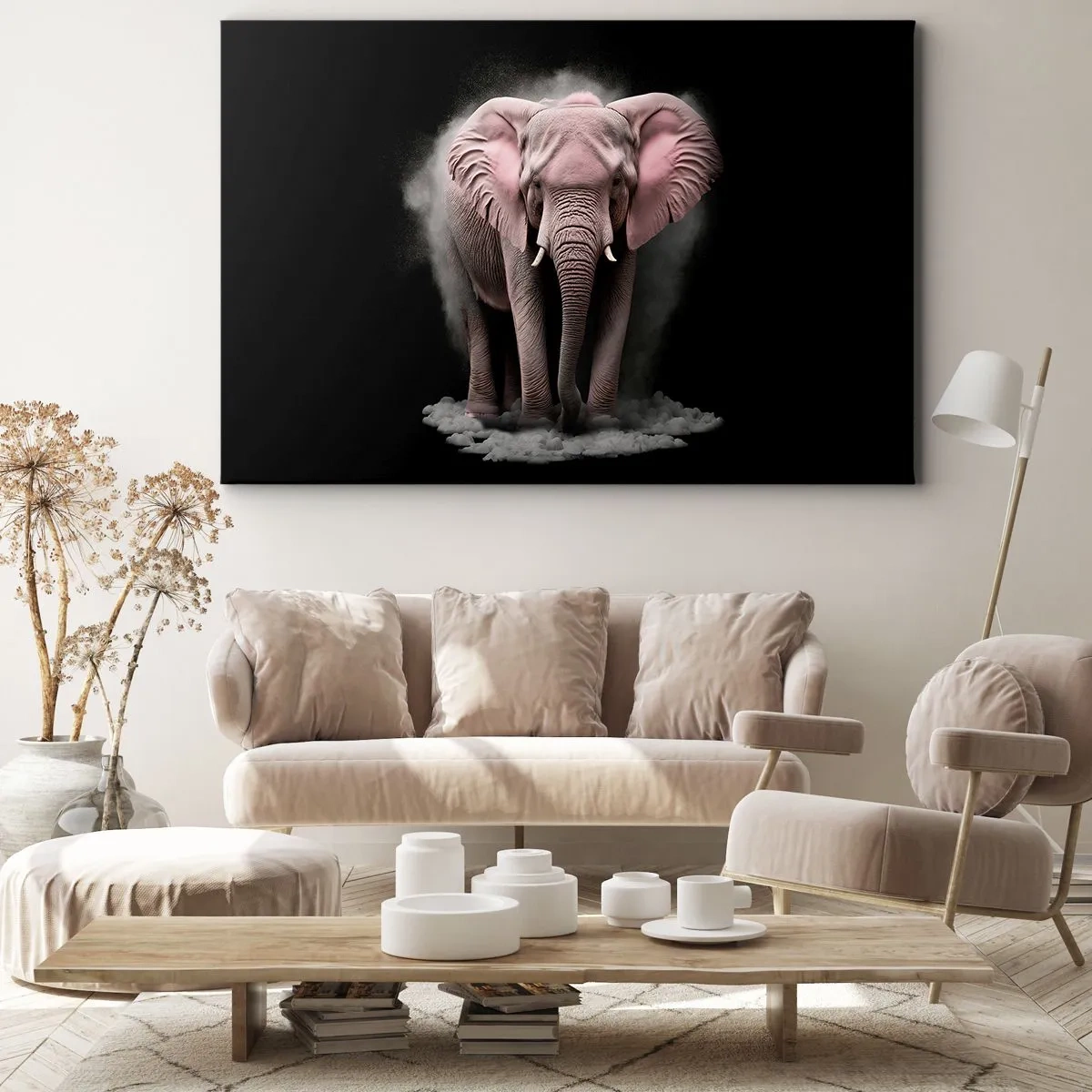 Cuadro sobre lienzo - Impresión de Imagen - Una interpretación artística de un elefante rosa sobre un fondo negro. - 70x50cm - El rey rosado de oriente - Decoración de pared moderna para salón y dormitorio ARTTOR