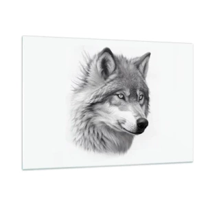 Cuadro sobre vidrio - Impresiones sobre Vidrio - Retrato en blanco y negro de un lobo con una mirada penetrante. - 120x80cm - Alfa - sin duda - Decoración de pared moderna para salón y dormitorio ARTTOR