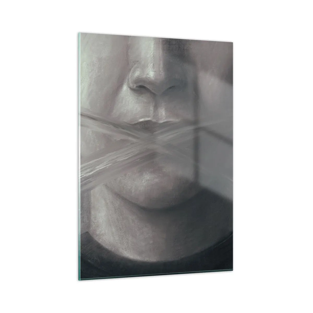 Cuadro sobre vidrio - Impresiones sobre Vidrio - Retrato de una persona con labios manchados en tonos grises. - 50x70cm - Ni una palabra - Decoración de pared moderna para salón y dormitorio ARTTOR