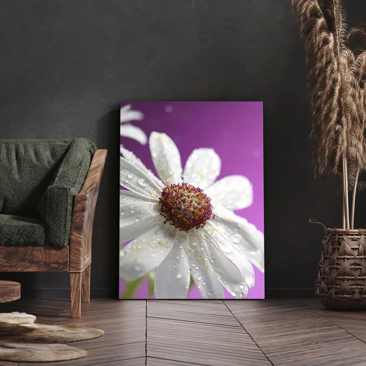 Cuadro sobre lienzo - Impresión de Imagen - Una margarita blanca cubierta de gotas de agua sobre un fondo rosa. - 50x70cm - Modesto en su belleza - Decoración de pared moderna para salón y dormitorio ARTTOR