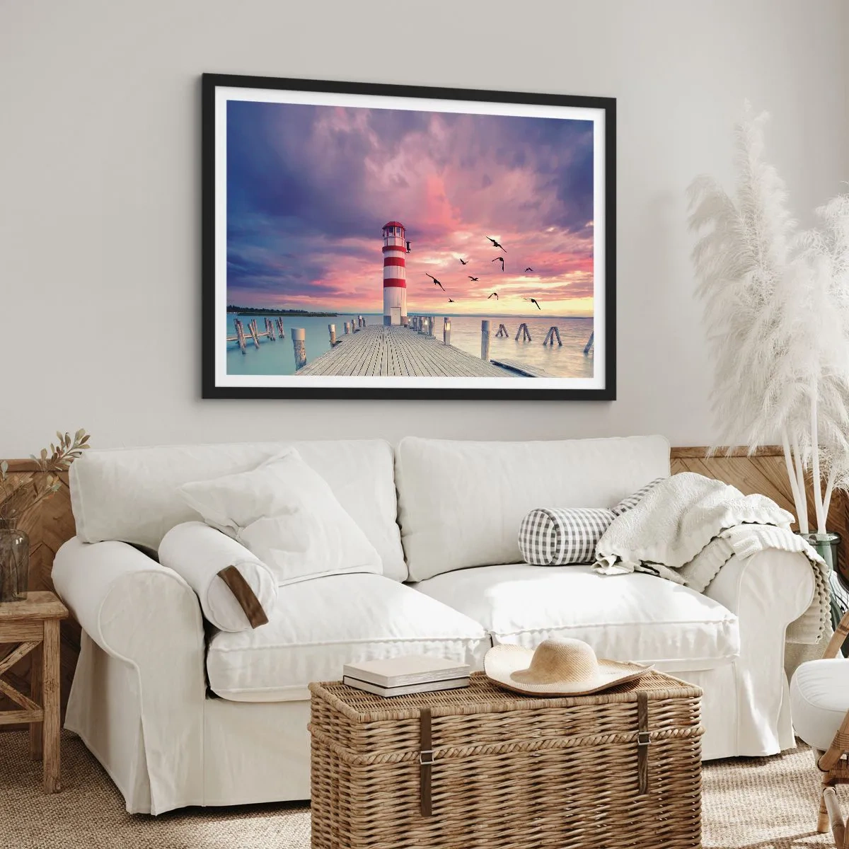 Póster en marco negro - Un faro en el muelle rodeado de una pintoresca puesta de sol. - 70x50cm - Hora de ir al puerto - Decoración de pared moderna para salón y dormitorio ARTTOR