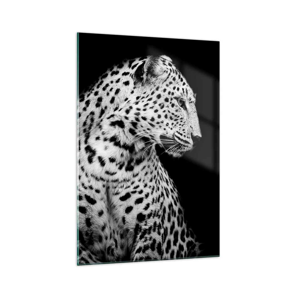 Cuadro sobre vidrio - Impresiones sobre Vidrio - Imagen en blanco y negro de un leopardo sobre un fondo negro. - 70x100cm - El perfil derecho es perfecto - Decoración de pared moderna para salón y dormitorio ARTTOR