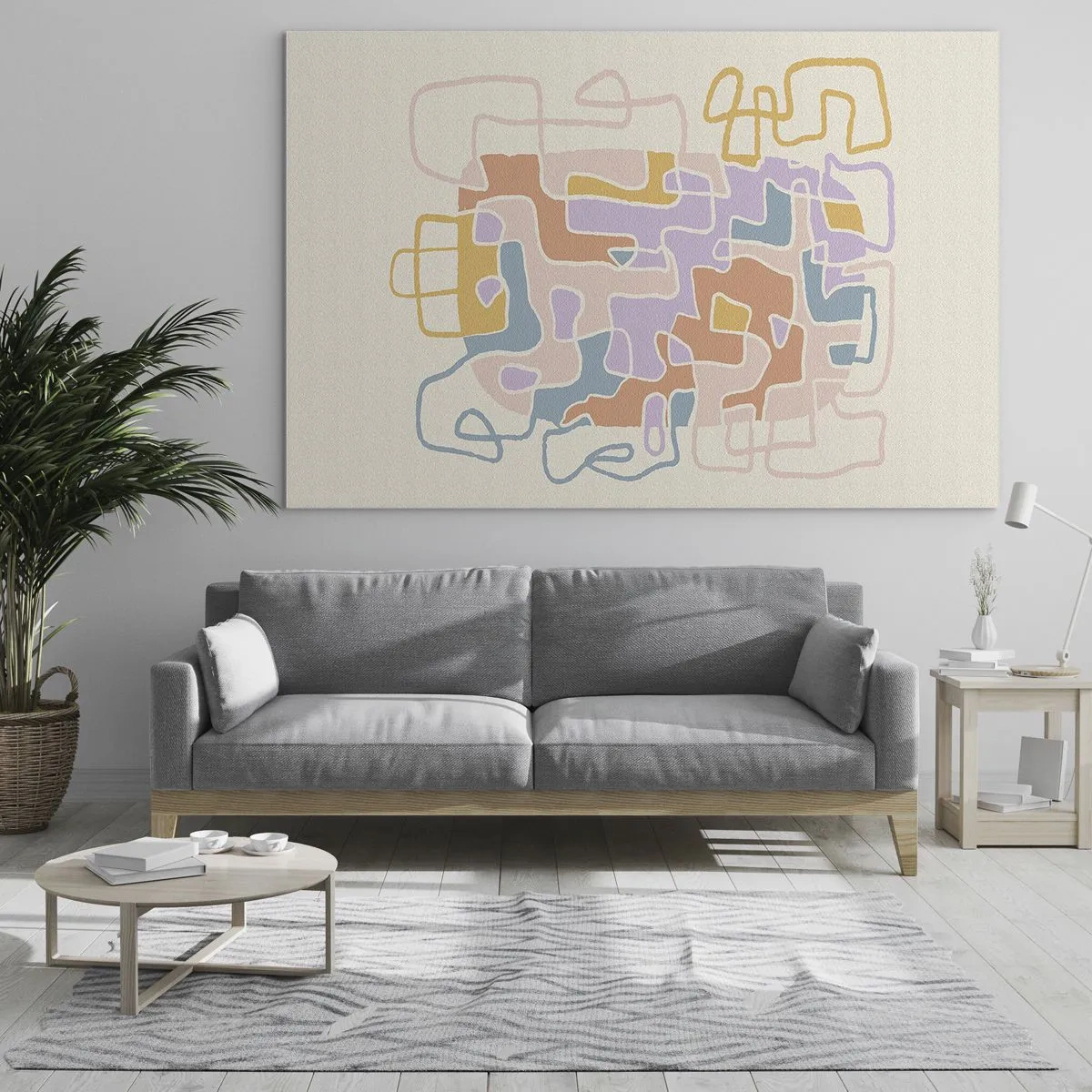 Cuadro sobre vidrio - Impresiones sobre Vidrio - Un laberinto colorido de líneas sobre un fondo crema. - 70x50cm - Laberinto - una alegre aventura - Decoración de pared moderna para salón y dormitorio ARTTOR