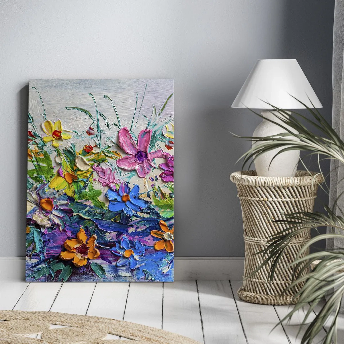 Cuadro sobre lienzo - Impresión de Imagen - Un colorido ramo de flores pintado con la técnica del empaste. - 70x100cm - La energía de las flores - Decoración de pared moderna para salón y dormitorio ARTTOR