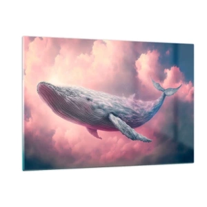 Cuadro sobre vidrio - Impresiones sobre Vidrio - Una ballena flotando en las nubes con un brillo rosado. - 120x80cm - La reina de los mares asciende - Decoración de pared moderna para salón y dormitorio ARTTOR