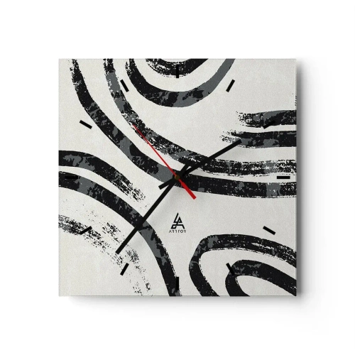 Reloj de pared - Reloj de vidrio - Líneas abstractas en blanco y negro sobre un fondo claro - 30x30cm - A medias - Decoración de pared moderna para salón y dormitorio ARTTOR