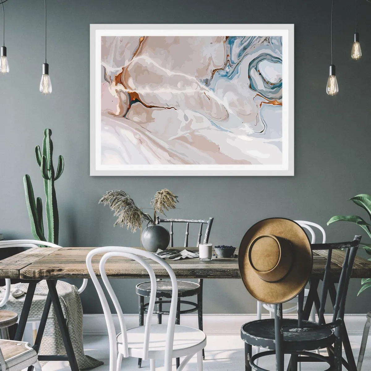 Póster en marco blanco - El azul serpentea por el blanco - 100x70 cm